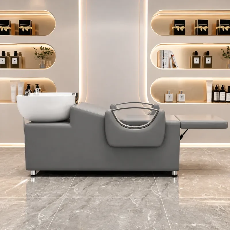 Half Lying Shampoo Bed with Ceramic Basin for Barber Shop Hair Massage Flush Hair Washing Station