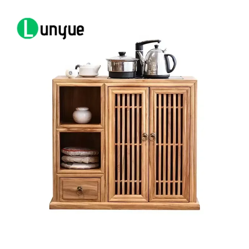 Solid Elm Wood Dining Table with Auto Boiling Function and Drawers Chinese Antique Style Coffee Table Cabinet for Living Room
