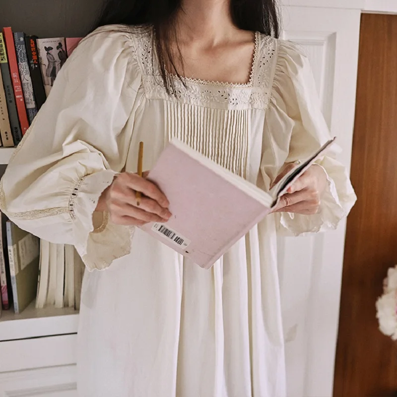 Vintage Soft Cotton Beige Long Nightgowns For Women Long Sleeve Elegant Nightshirts Comfortable Loose Sweet Night Dress - Image 4