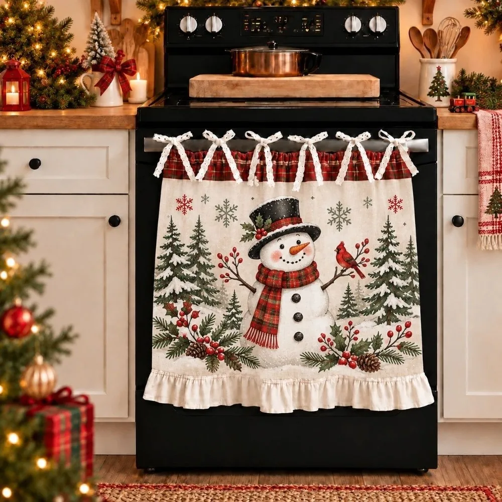 Pastoral Style Christmas Cabinet Curtain Ruffle Edge Lightproof Kitchen Stove Cover Skirt Rustic No Drill