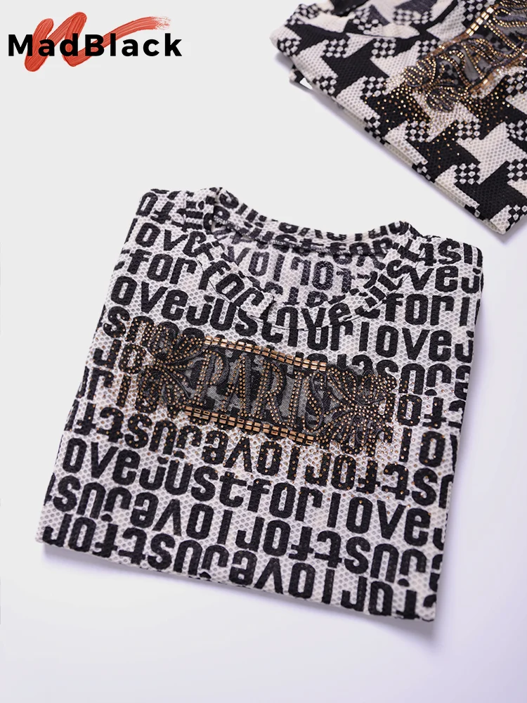 MadBlack-Camiseta con estampado de letras para mujer, Tops de manga corta con cuello redondo, retales de diamantes brillantes, T25004L