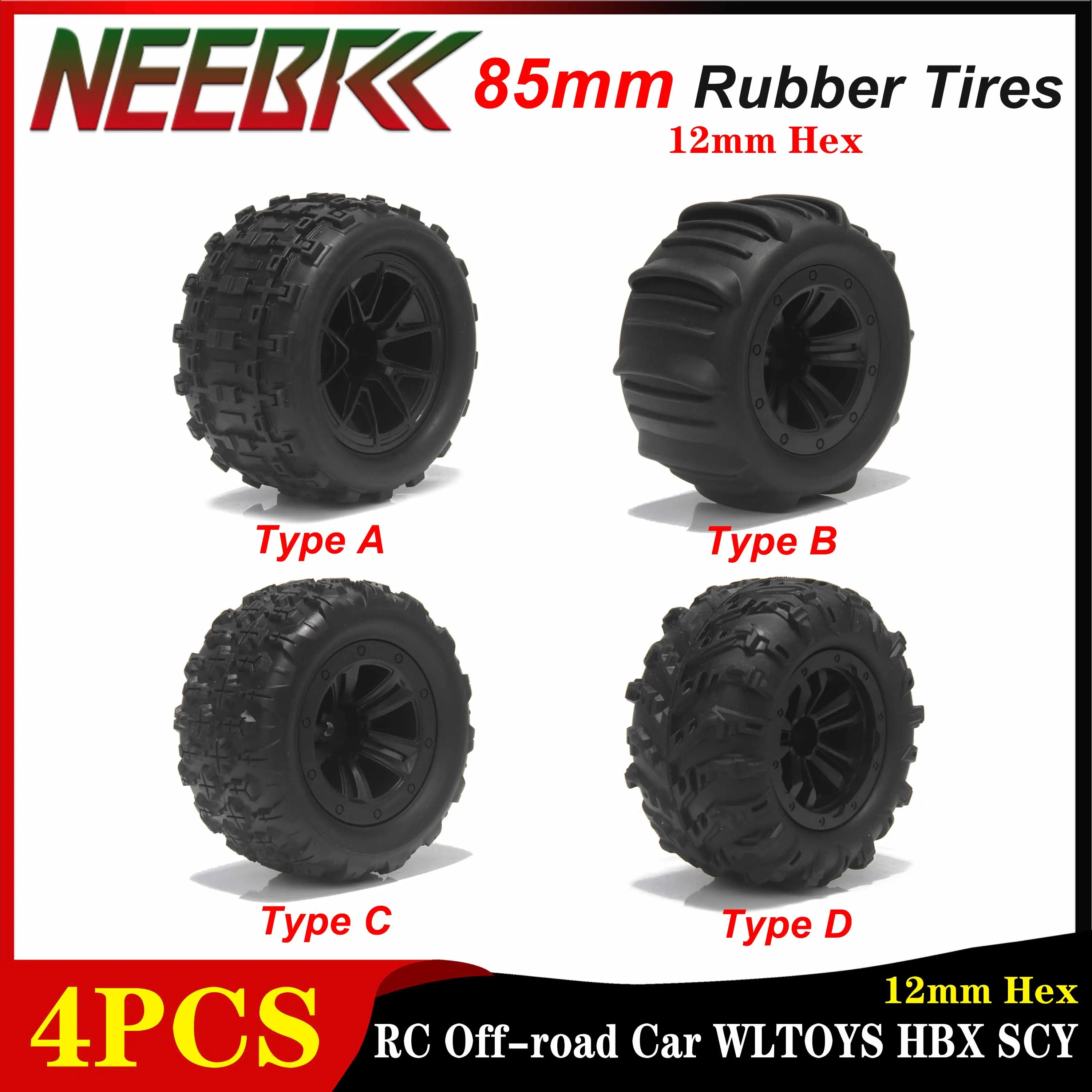 4PCS 12mm Hex Wheel Rim Tires 85mm Skidproof Rubber Tyre for RC Off Road Car Vehicle Wltoys 144001 144010 HBX 16889 SCY16101 Pro