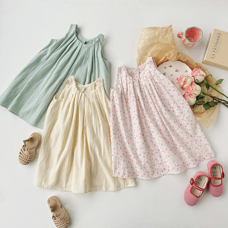 French Skirt Tea Break Pleated Skirt Sleeveless Girls' Dress 2024 Summer Vacation Style Tank Top Dress Washed Cotton