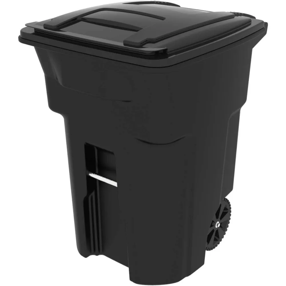 

Residential Heavy-Duty 96-Gallon Black Two-Wheeled Trash Bin with Hinged Lid