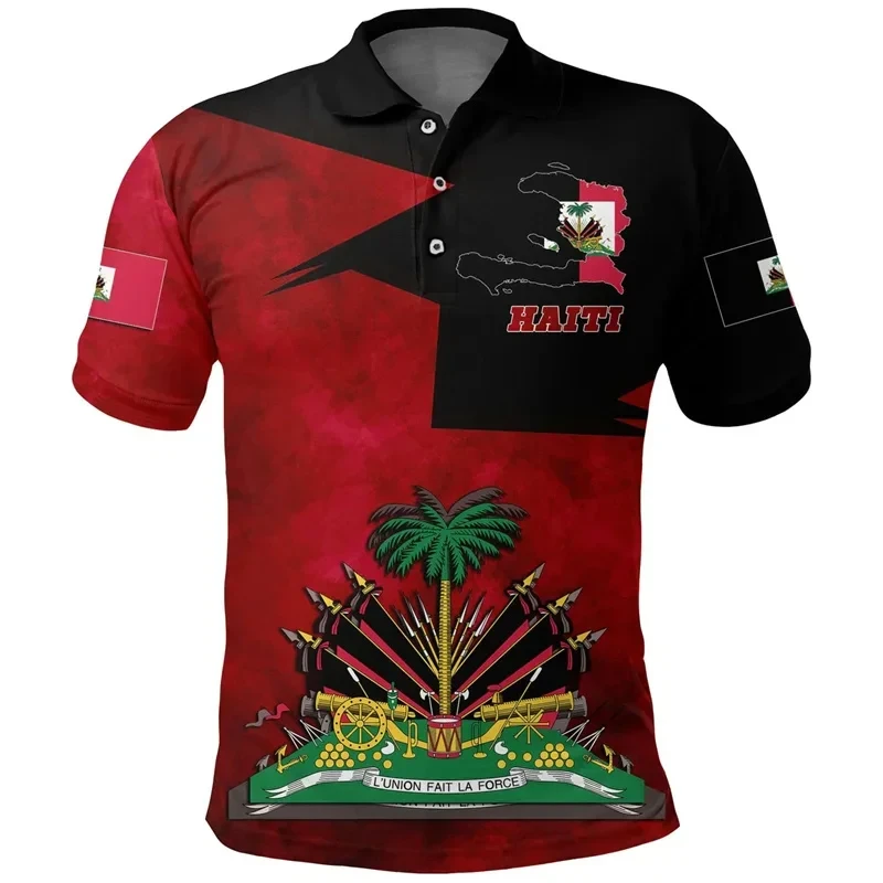 Kemeja Polo pola lambang bendera nasional Haiti cetak 3D untuk pria lengan pendek kaus t-shirt grafis Haiti baju atasan