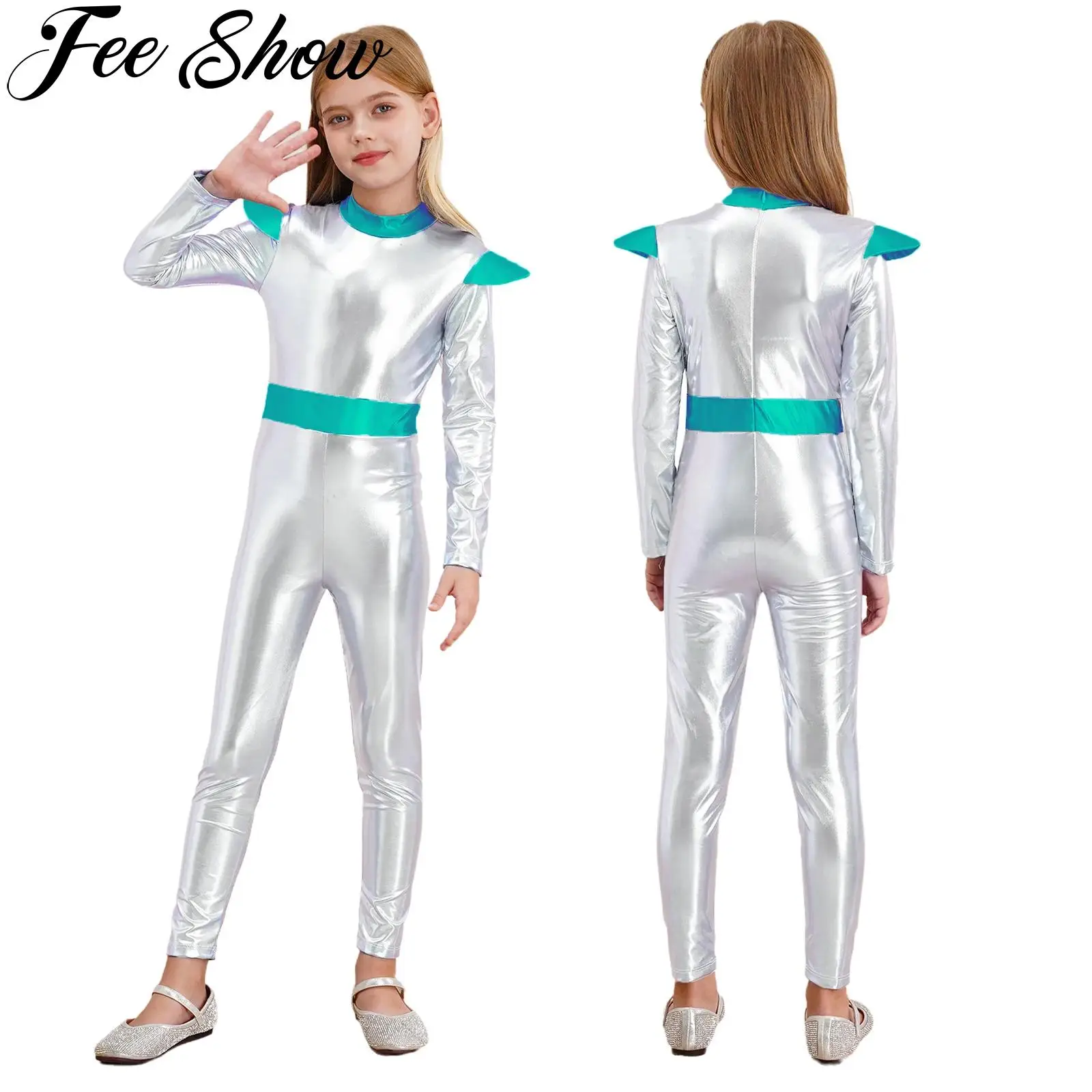 Kids Girls Halloween Alien Robot Cosplay Costume Space Astronaut Themed Fancy Party Dress Up Long Sleeve Shiny Metallic Jumpsuit