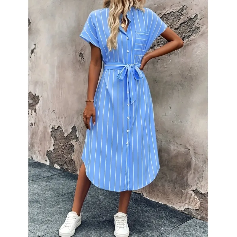 Abito camicia con stampa a righe blu Nuove maniche rotanti casual con tasca Abiti longuette divisi monopetto con lacci per le donne 2025