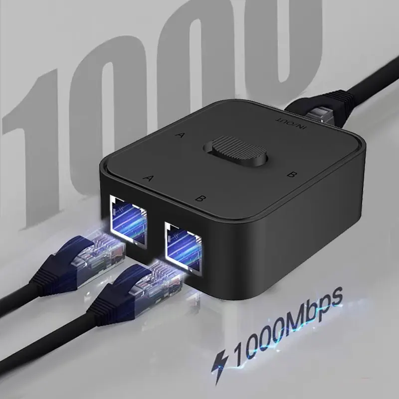 Seletor do prolongamento do cabo do divisor da rede, poder livre, conector do adaptador de 2 vias, gigabit, RJ45, 1000Mbps