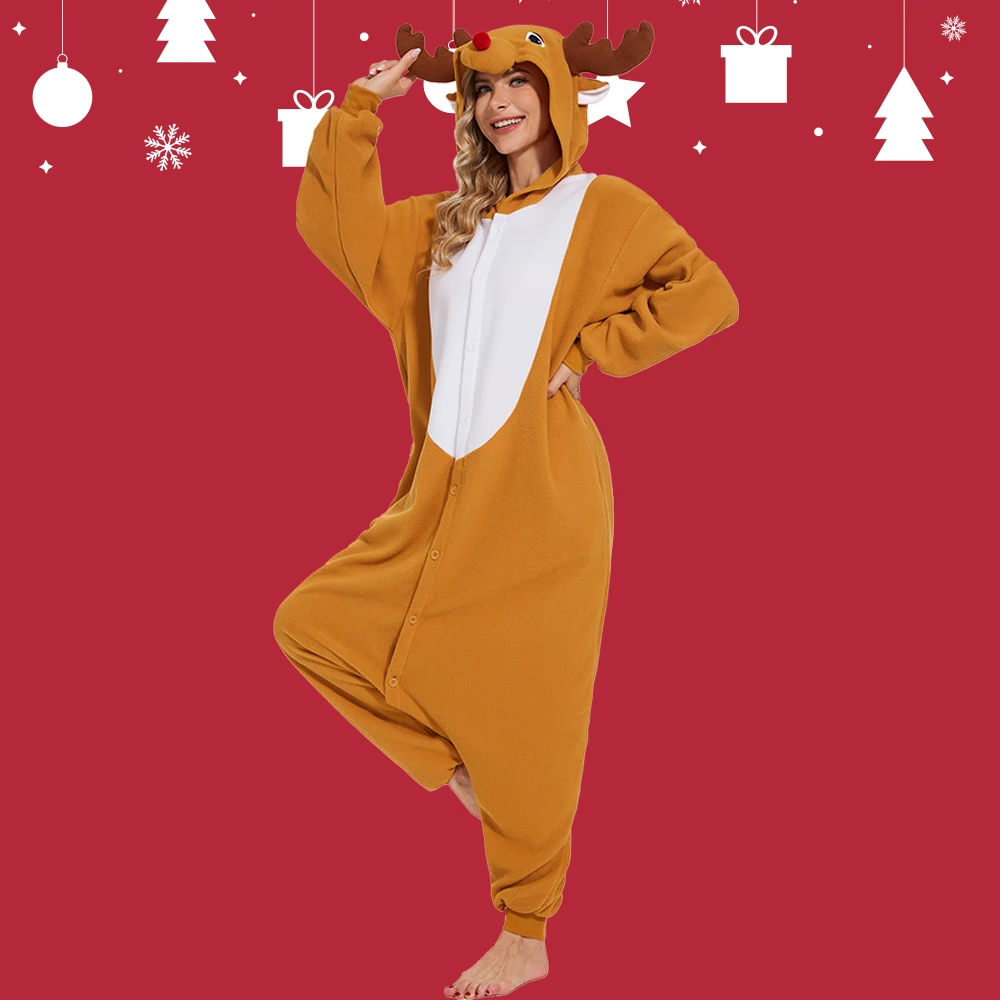 

CANASOUR Reindeer Onesie Pajamas Adults Women and Men Unisex Hooded Pyjamas Christmas Cosplay Costume One-piece Sleepwear