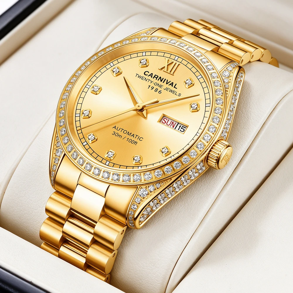 CARNIVAL Men Automatic Mechanical Watch Full Gold Diamond Bezel Dial Day Date Luxury Business Dress Wristwatch Sapphire Glass