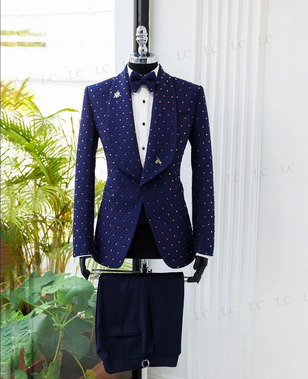 Sparkly Navy CrystalWedding Groom Diamonds Men Suits 2 Pieces Blazer Pants One Button Tuxedo Formal Work Wear Plus Size Tailored