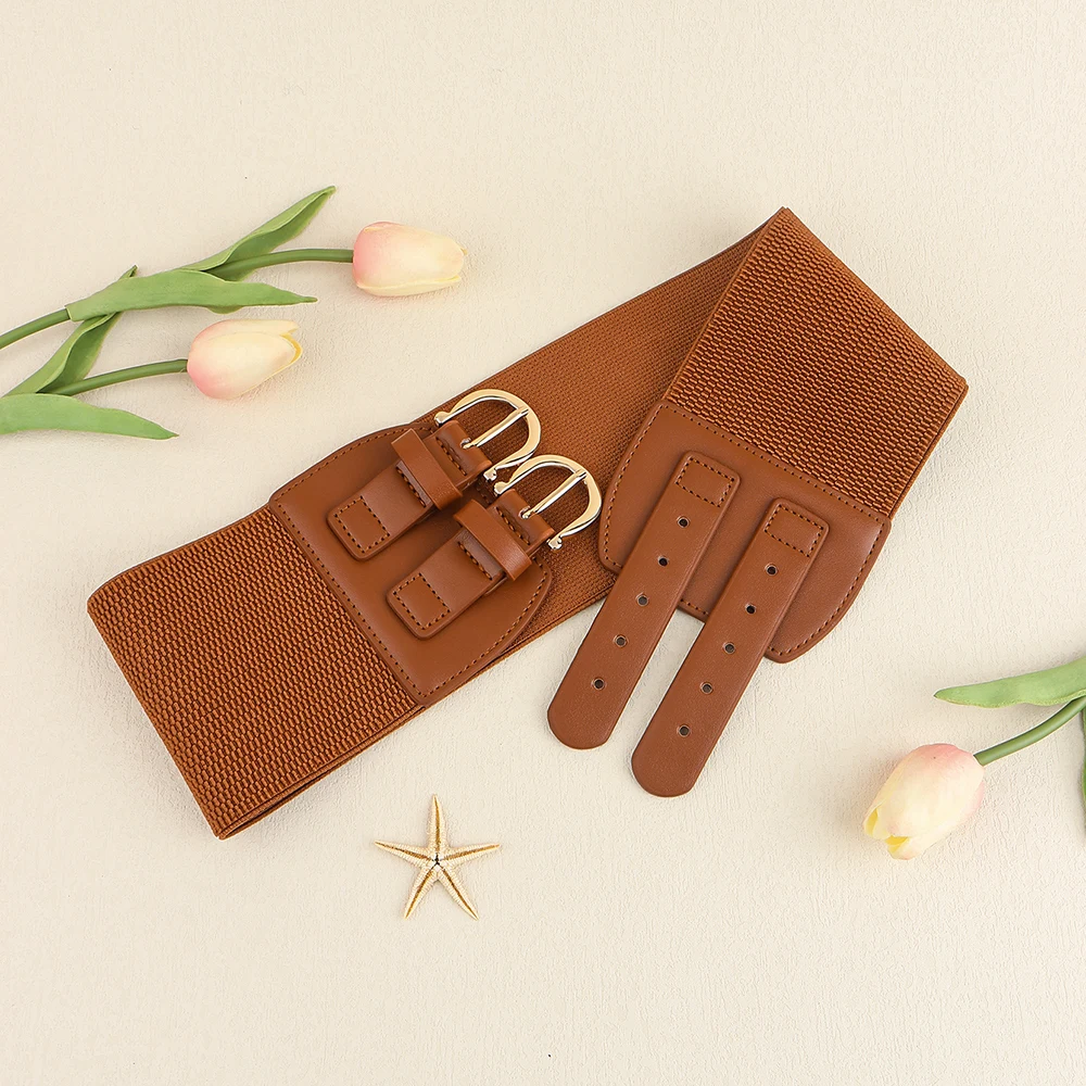 High sense retro pin buckle waist seal elastic elastic wide  display picture 3