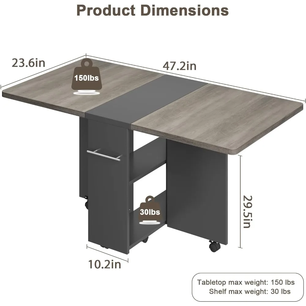 Opklapbare eettafel, drop-blad eettafel met 6 wielen en 2-laags opbergplank, ruimtebesparende eettafel voor kleine ruimtes