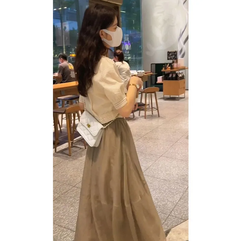 Zomeroutfitset Dames Gentle Salt System Milk Tone Afslanktop f-lengte Rok Tweedelige set Faionable Vrijetijdskleding