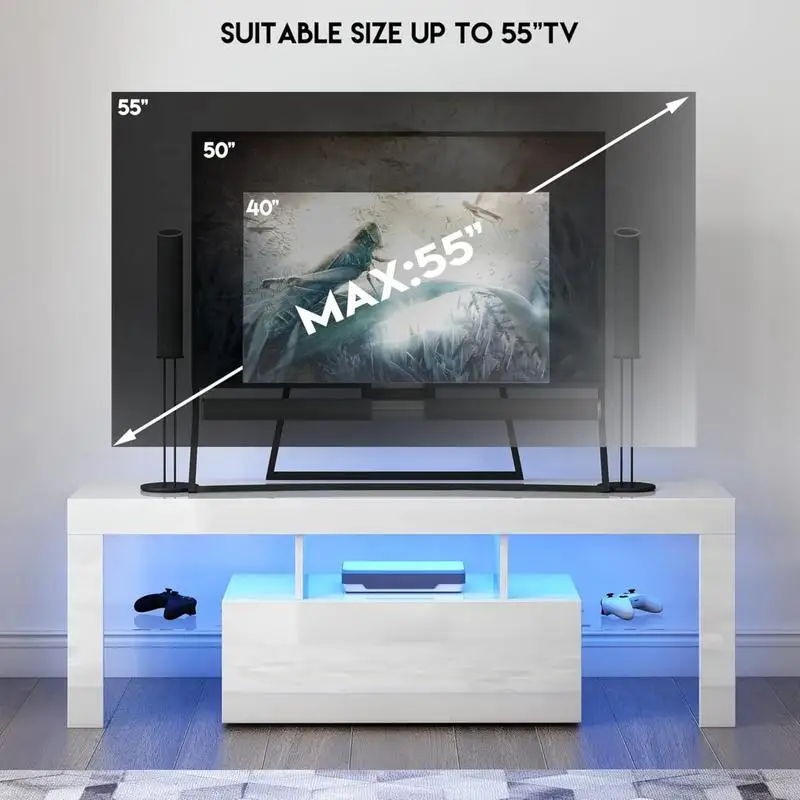 LED-TV-Ständer für Fernseher bis zu 55 Zoll, modernes Entertainment-Center mit nach unten klappbarer Tür, Glasregal und glänzendem UV-Finish, TV