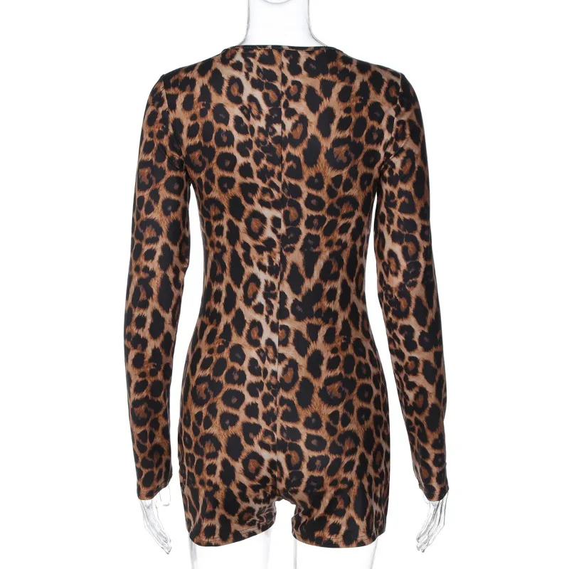 Monos ajustados con estampado de leopardo para mujer, petos ajustados con escote en V profundo, manga larga, caderas de melocotón, ropa para discoteca de medianoche