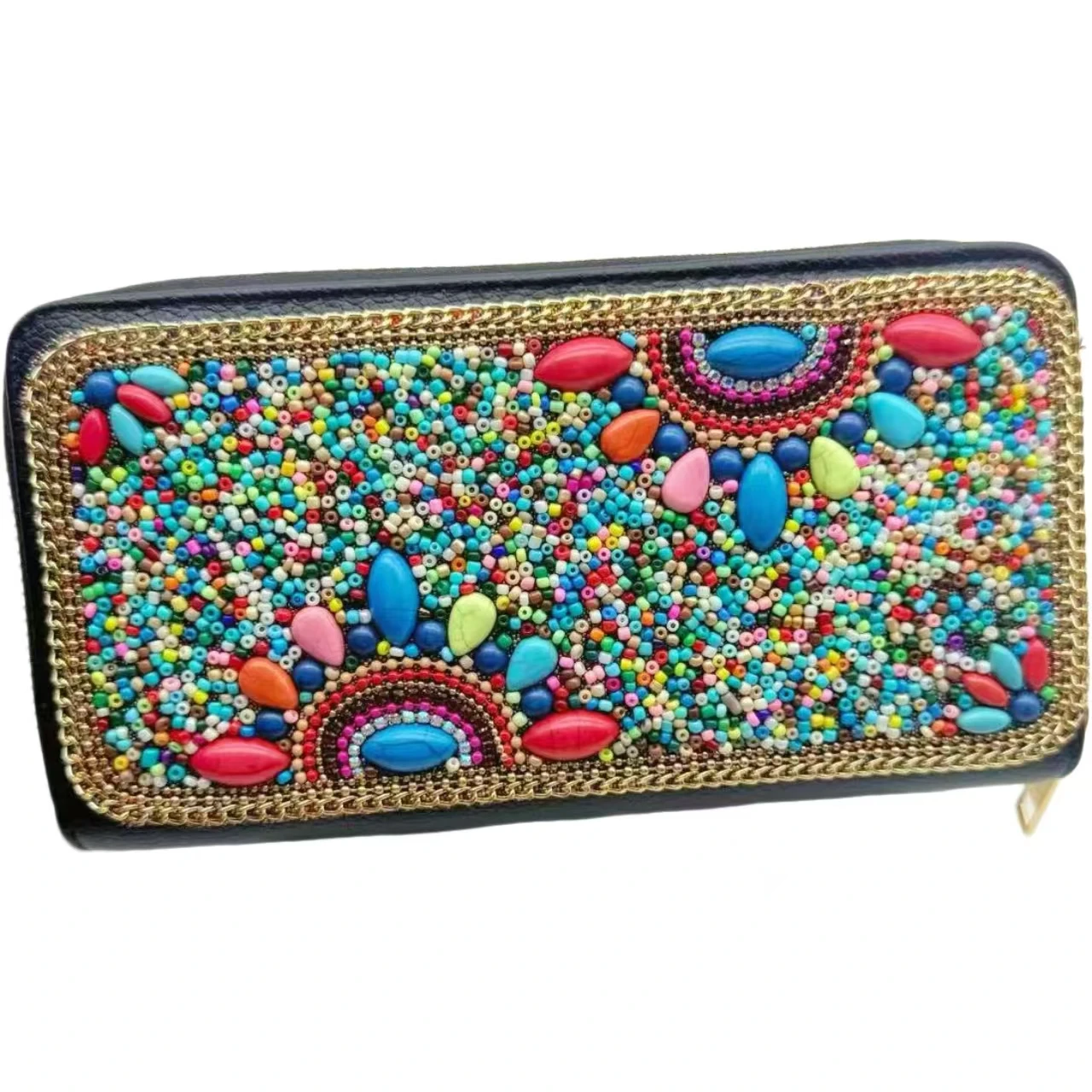 

Женская сумка Peacock с разноцветным радужным узором на черной кожаной сумке с золотой цепочкой и большой вместимостью