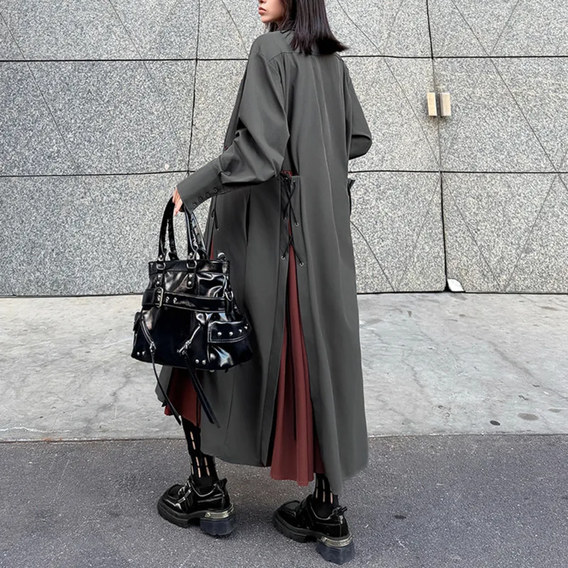 Sukienka koszulowa damska HKSH na wiosnę i jesień, blok kolorów, zapinana na guziki, długi rękaw, elegancka, modna, codzienna, oversize, model HK17317