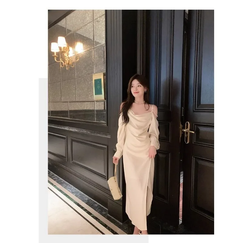 Robe à bretelles en Satin, épaules dénudées, col fendu, jupe longue fendue, atmosphérique, automne