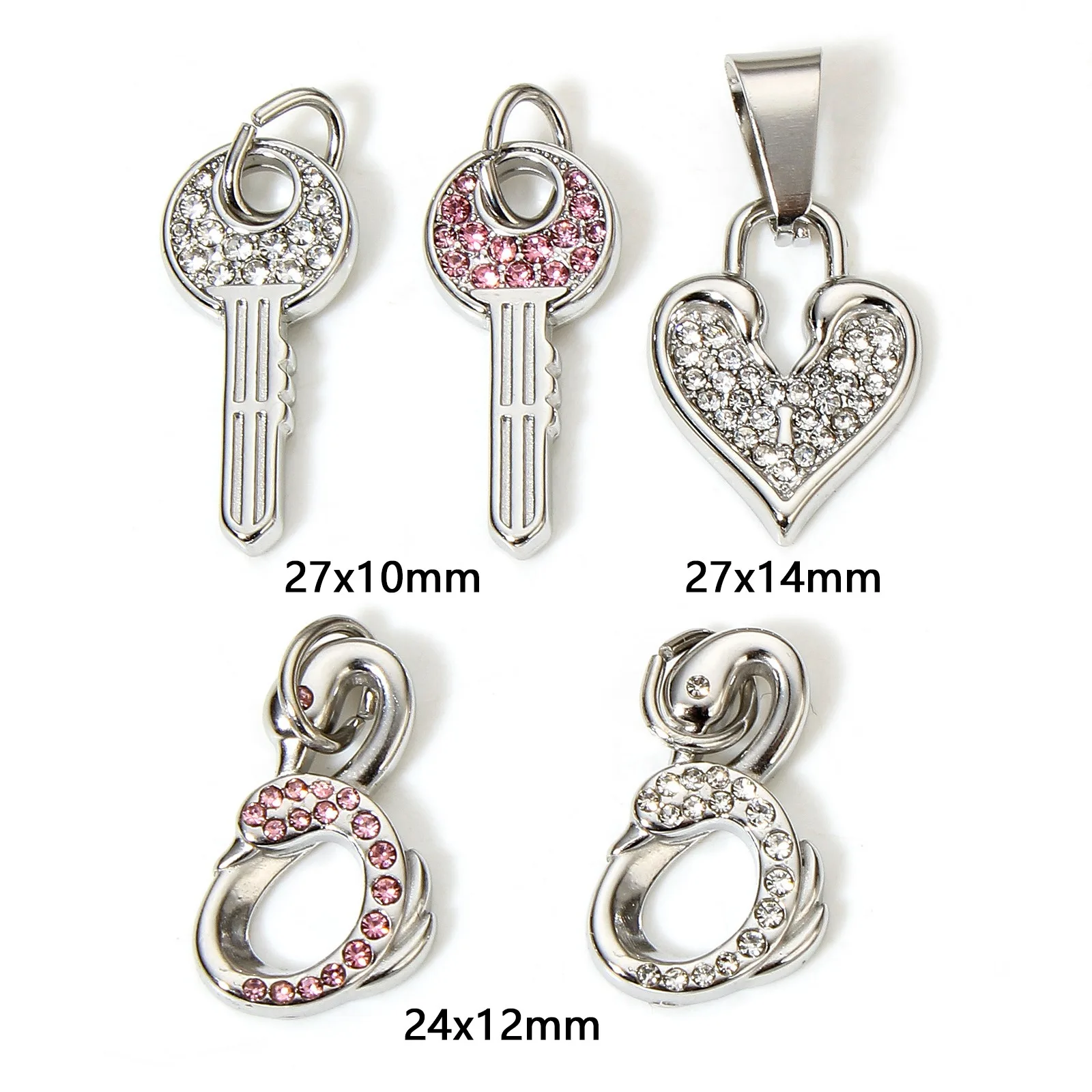 1 Stück 304 Edelstahl Herz Schwan Charms Strass Schloss Schlüssel Anhänger für Schmuckherstellung Diy Halskette Armband Zubehör – Detail 1