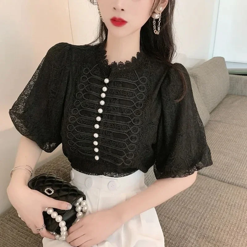 Vintage Puff Sleeve Ladies Tops Summer 2024 Fashion Short Sleeve Casual Blouses Korean Style Beading White Black Lace Shirts y2k