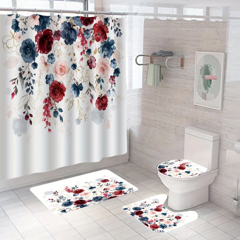 1/4pcs Watercolor Floral Pattern Shower Curtain Set, Waterproof Bath Curtain With 12 Hooks, U-shaped Mat, Toilet Cover Mat, L-sh