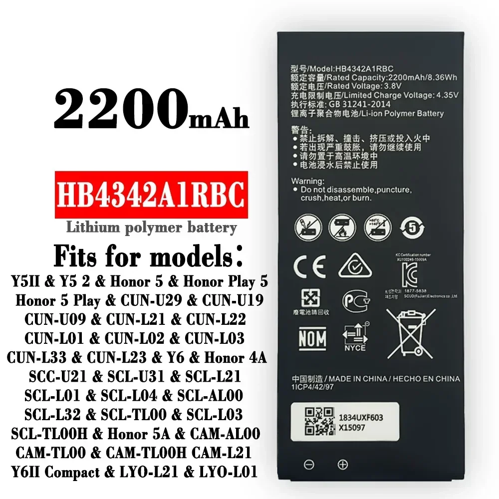 Batería HB4342A1RBC de 2200mAh para Huawei Y5II Y6, Honor 4A, Honor 5A LYO-L21, Ascend 5 SCL-TL00 CUN-U29