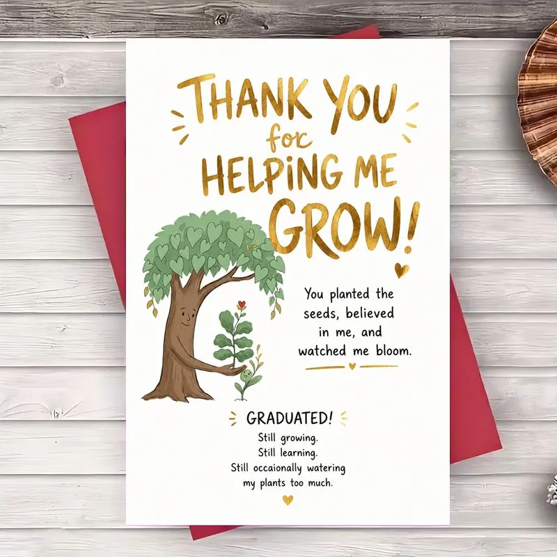 1 carte autocollante plate « Merci de m'avoir aidé à grandir » adaptée aux enseignants, aux mentors, et comme cadeau de remerciement pour la remise des diplômes.