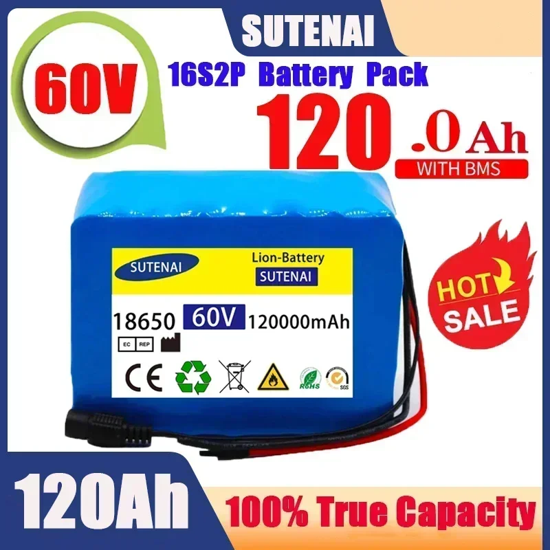 

Paquete batería iones litio para bicicleta eléctrica, 60V, 16S2P, 120Ah, 18650, 67,2 V, 120000mAh, 30A, BMS, 750W,