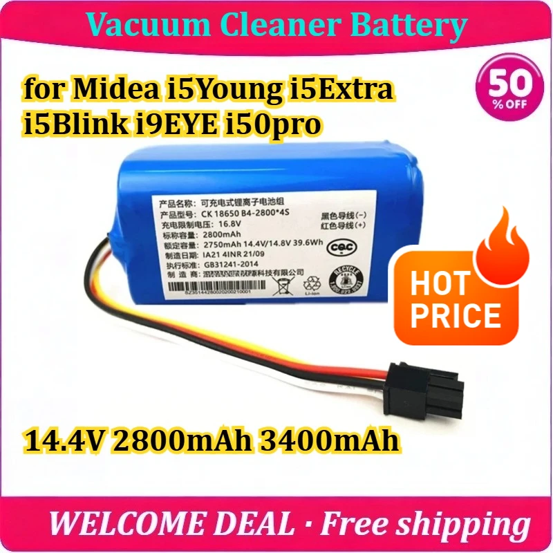 [New] for Midea i5Young i5Extra i5Blink i9EYE i50pro Vacuum Cleaner Battery 14.4V 2800mAh 3400mAh Replacement Lithium Battery