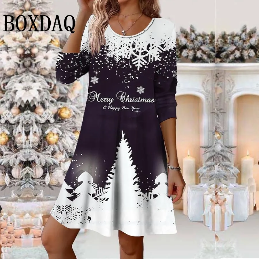 

Женские платья трапециевидной формы с принтом рождественской елки, зима 2025 года, рождественское платье со снежинками и длинными рукавами, повседневное милое свободное платье больших размеров, Vestidos