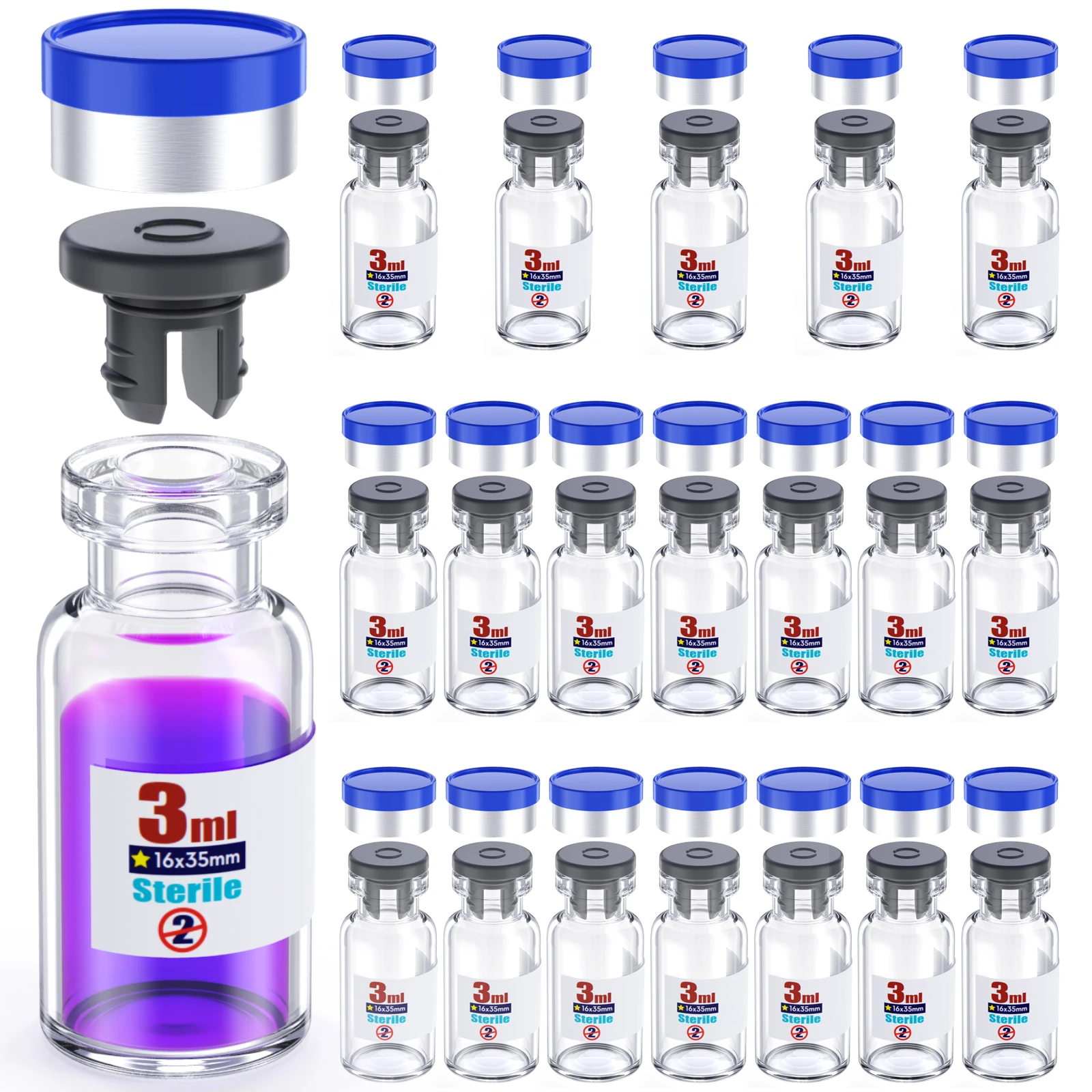 Sterile Glass Vials With Separate Rubber Stopper and Cap Need to Crimped With Pliers Individually Packaged 20pcs