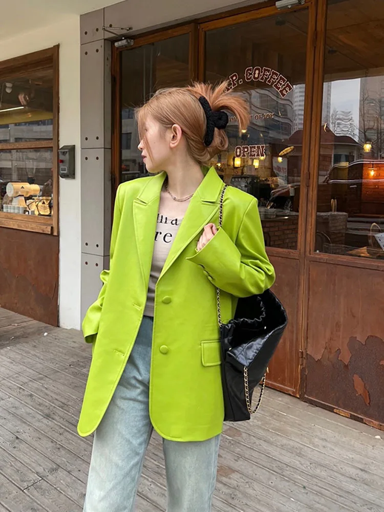 New Casual Fluorescent green Pu Leather Jacket Women Loose Leather Blazer Coats Spring 2023