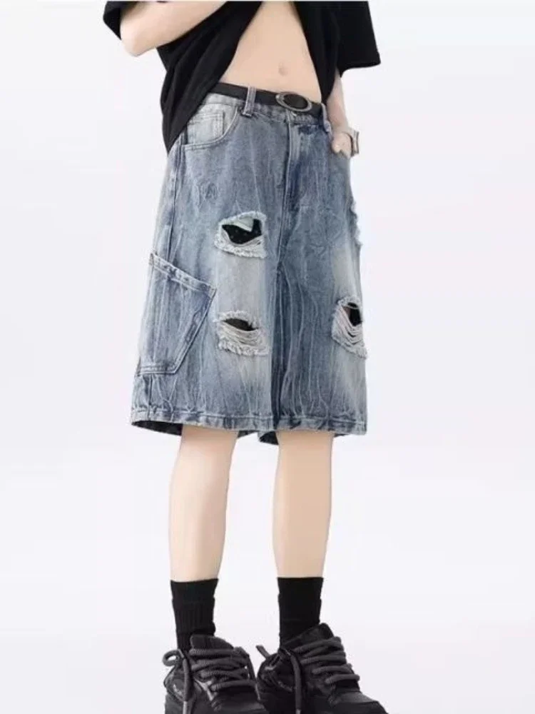 

Wide Men's Short Jeans Pants Baggy Loose with Pockets Ripped Male Denim Shorts Straight Half Long Bermuda Stretch Blue Retro Xl