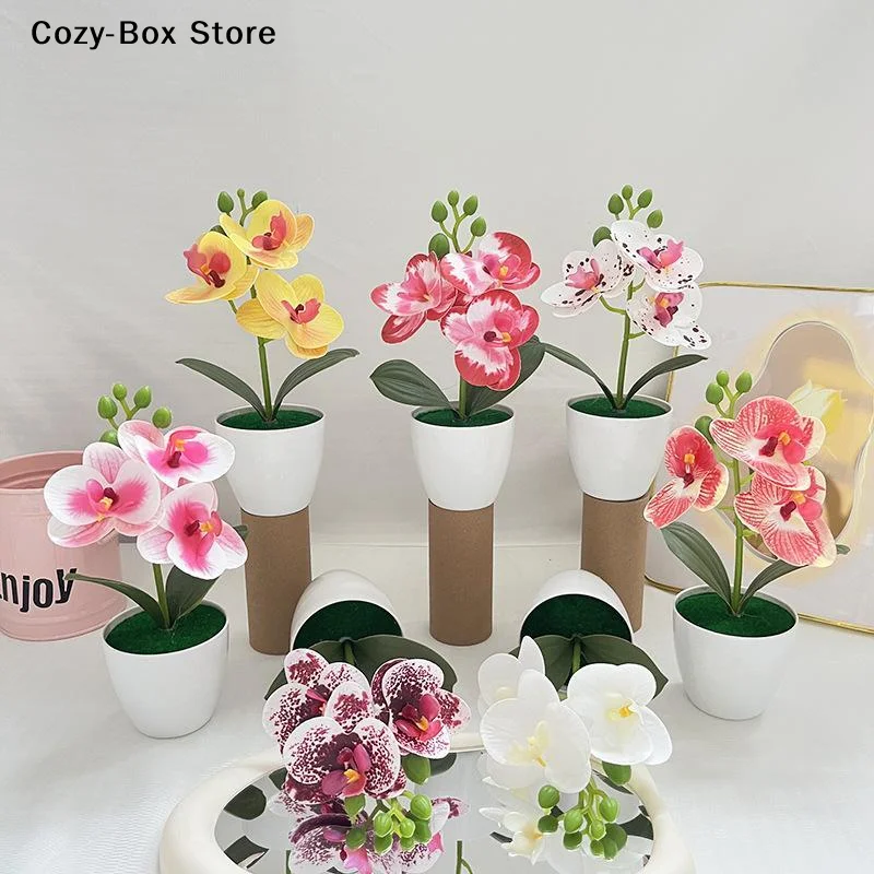 [ZY]Artificial Orchid Potted Plant 3 Heads Mini Phalaenopsis Fake Flower Plastic Desktop Ornament Home Living Room Decoration