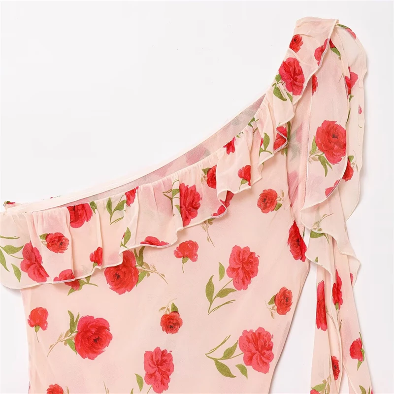 Keyanketian 2025 verão novo feminino romântico rosa impresso midi vestido estilo francês em camadas gola inclinada sem mangas rendas até vestidos