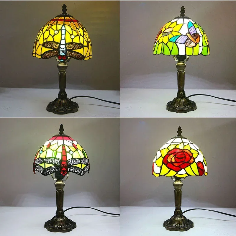 VIOLET Tiffany Glass Table Lamp LED Creative Design Dragonfly Pattern Desk Light Decor For Home Living Room Bedroom