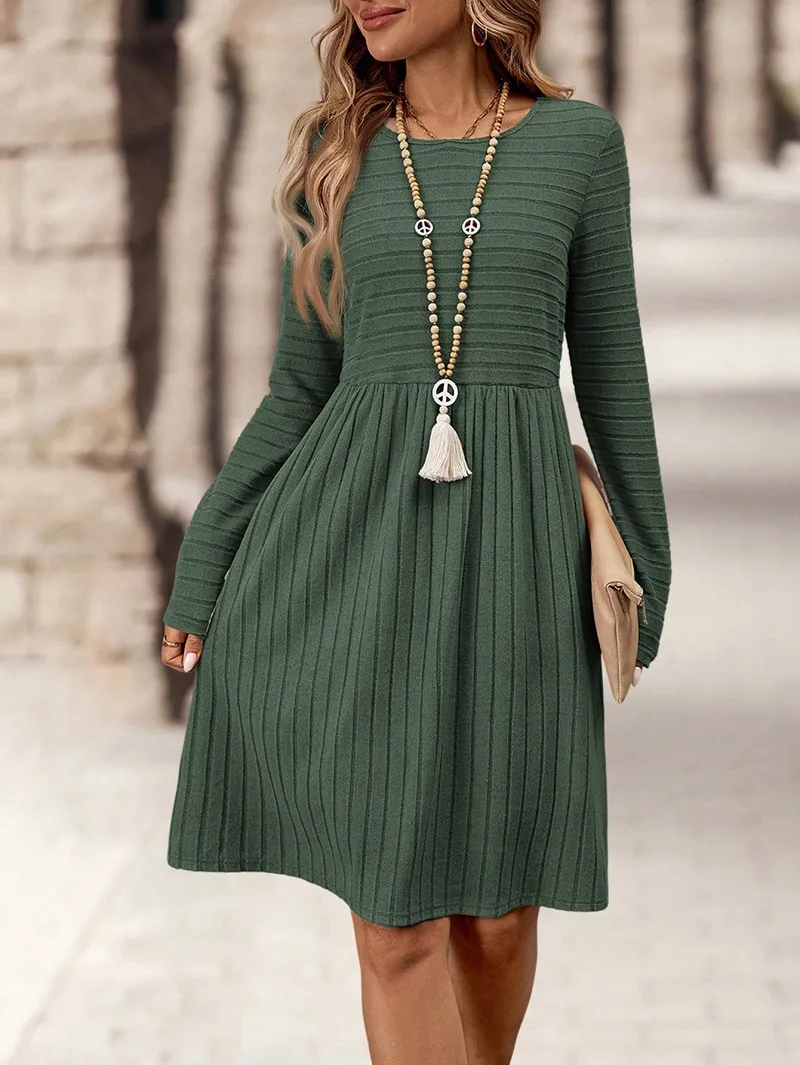 All-Match Dress2024 Autumn And Winter New Women's Solid Color Fashion Round Neck Long Sleeve Casual