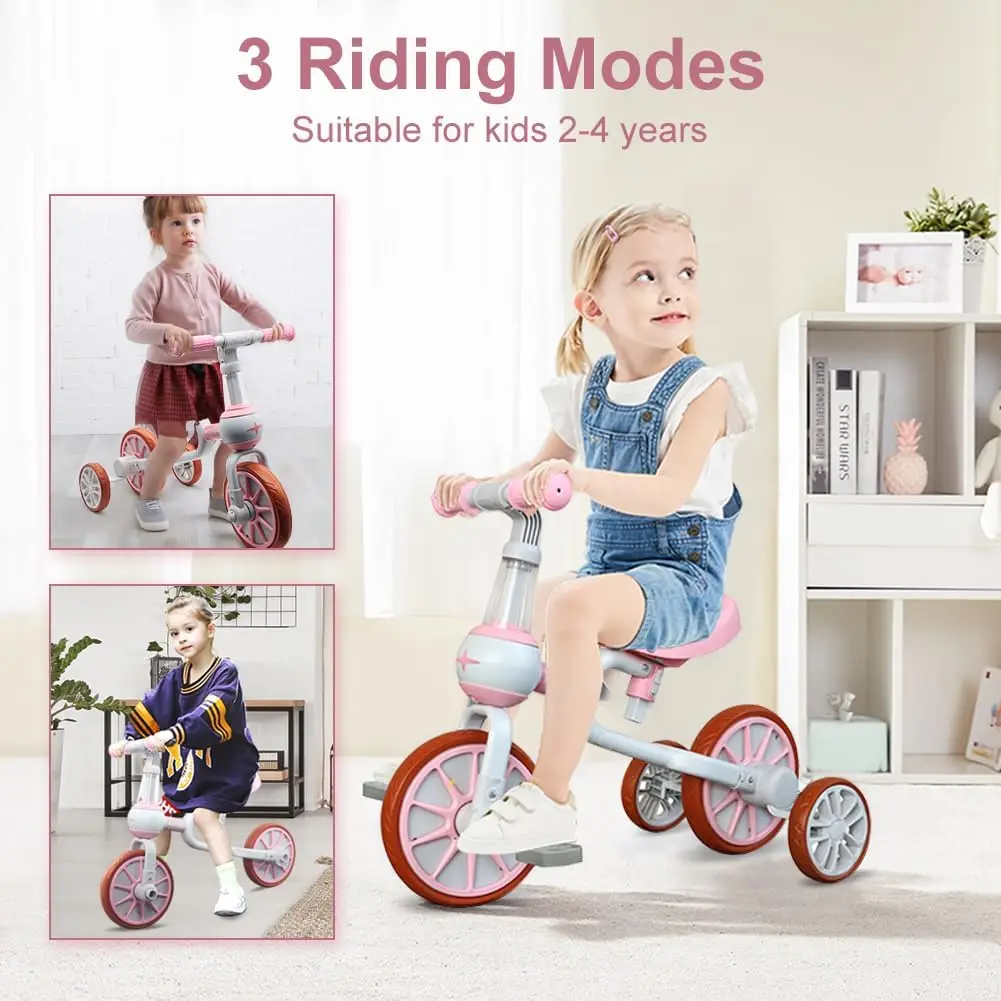3 in 1 Toddler Bike for 2-4 Year Old Girl Boy, Kids Tricycle with Adjustable Seat, Detachable Pedal and Training Wheels, Baby Ba