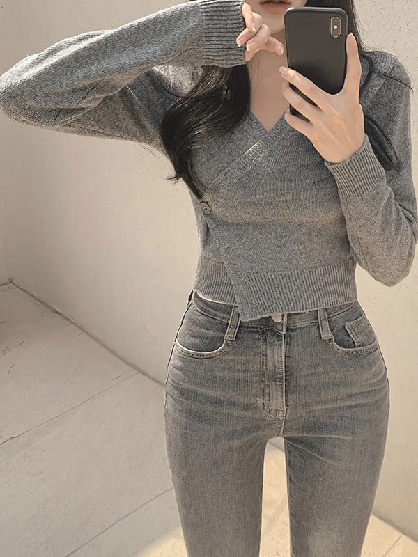 Slim Fit V-Neck Knitwear Grey Versatile Korean Style Long Sleeve Base Shirt Short Top Early Autumn New Arrival Simple Style P...