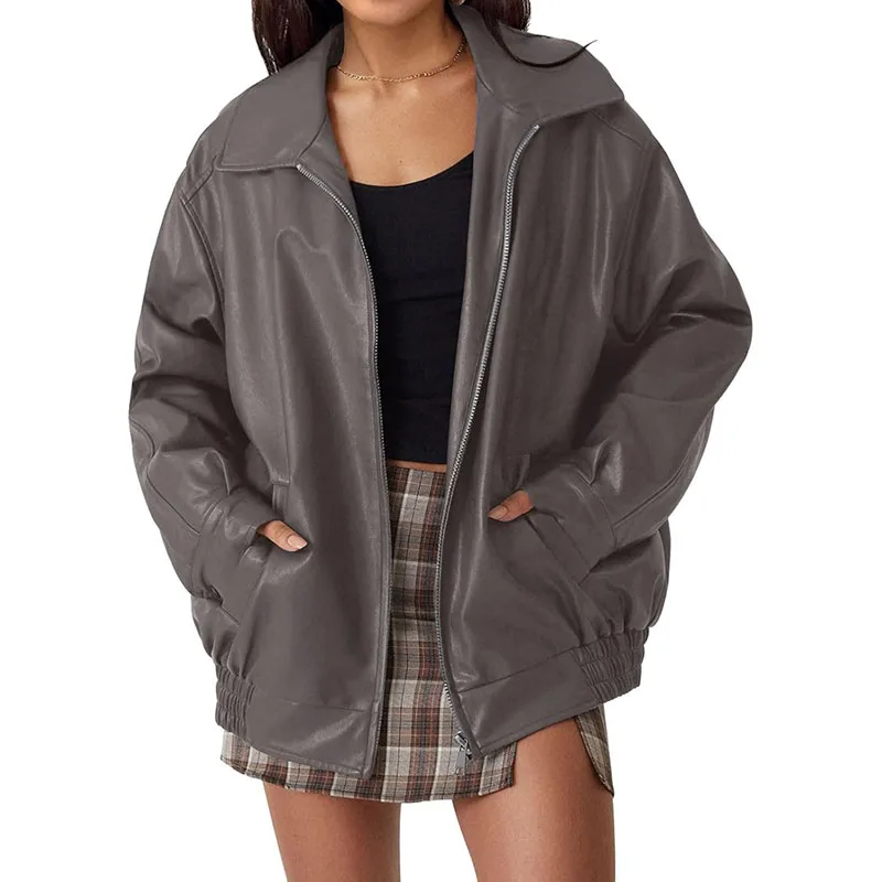 Autumn Winter New Streetwear Fashion Motorcycle Leather Jacket For Women Loose Lapel Solid Color Zipper Cardigans Pockets Coats