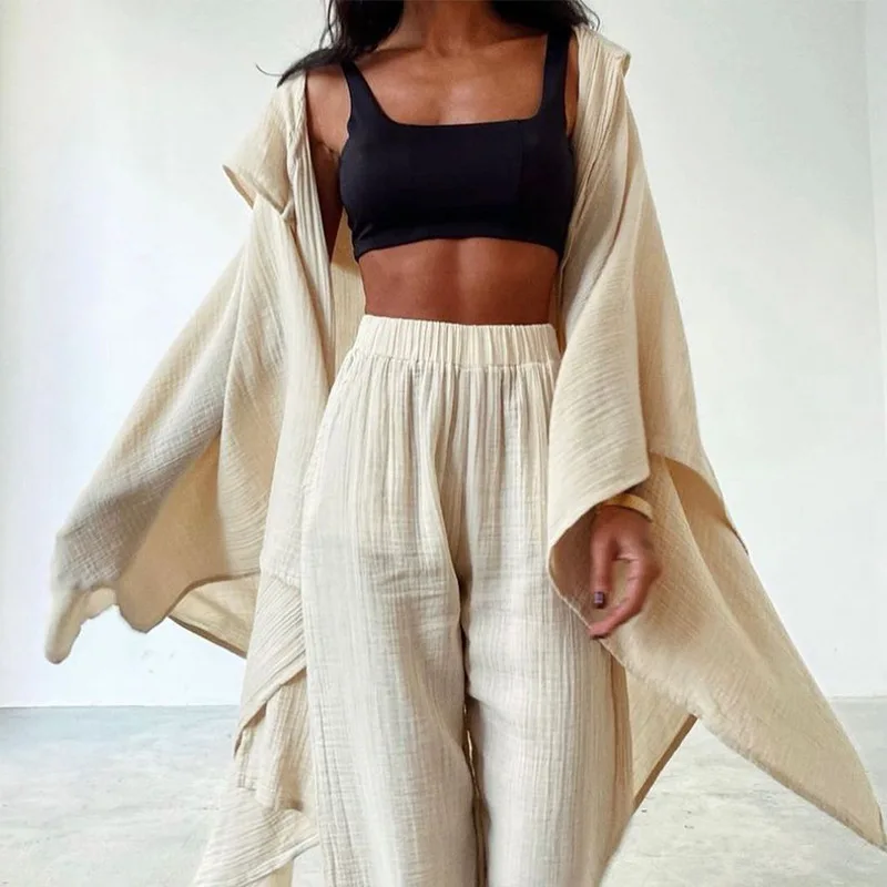 Women Tracksuit Cardigan Blouses Pant Sets Long Sleeve Wide Leg Pants Pockets Casual Slight Strech Loose Ankle Length Flat