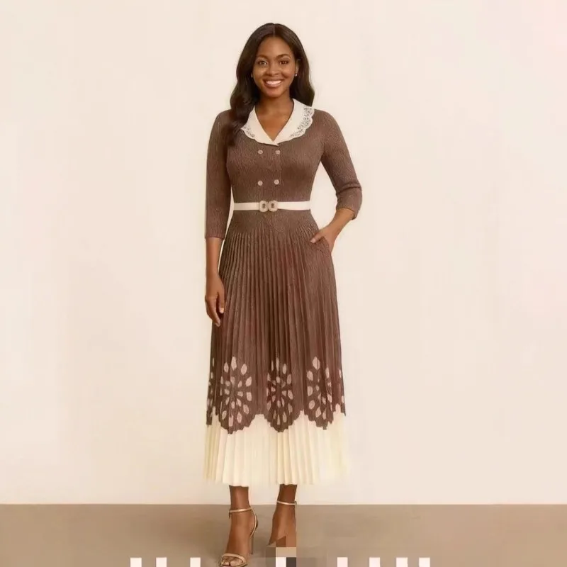 미야케 플리츠 플러스 사이즈 여성용 긴 소매 우아한 패치워크 플리츠 허리 조임 드레스 공식 행사 출퇴근 유럽 스타일