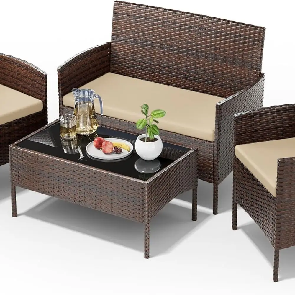 

Плетеный секционный набор из 4 предметов для улицы с подушками для патио, балкона и сада коричнево-бежевого цвета