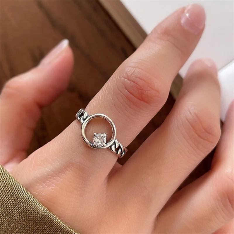 925 посеребренные геометрические цепочки с цирконием, круглые кольца для женщин и девочек, вечерние украшения в стиле панк, хип-хоп e067