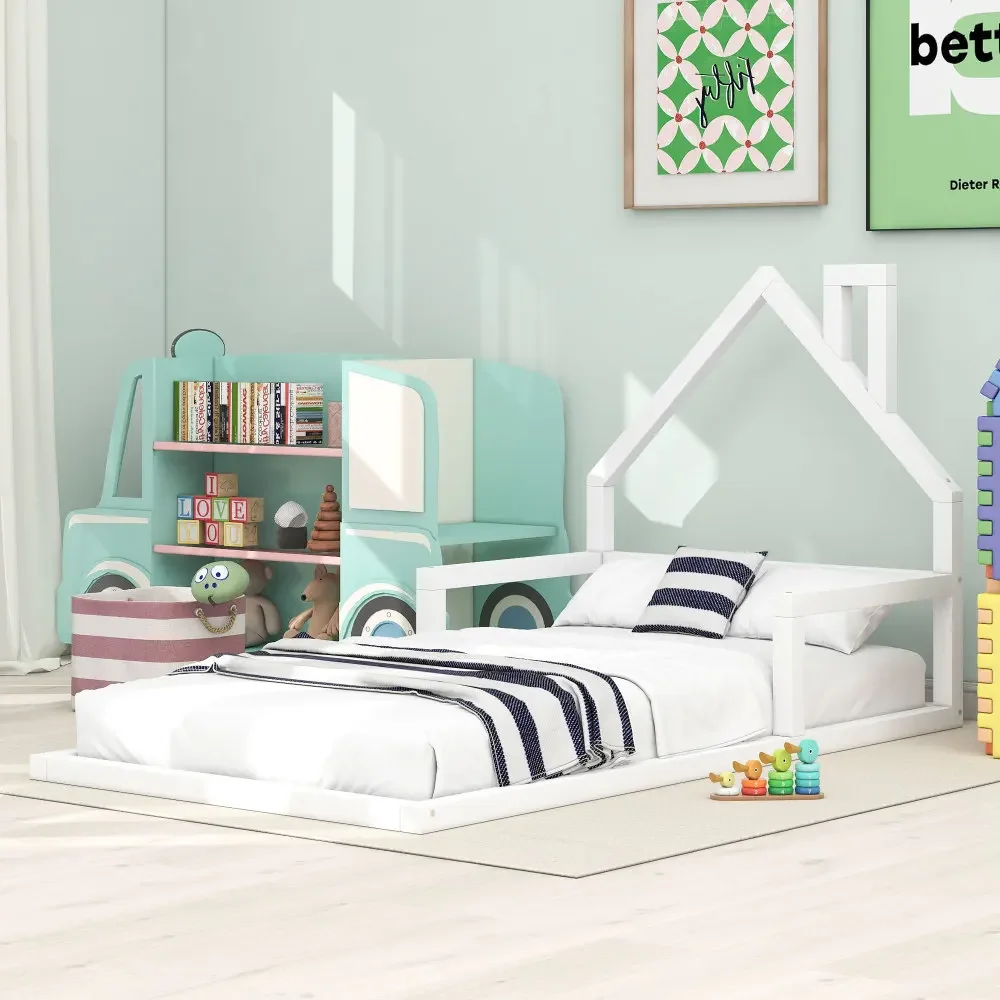 

Twin Size Wood Floor Bed with House-shaped Headboard,Bunk Beds for Boys Kids Bed Children's Beds Bed for Girls White Furniture