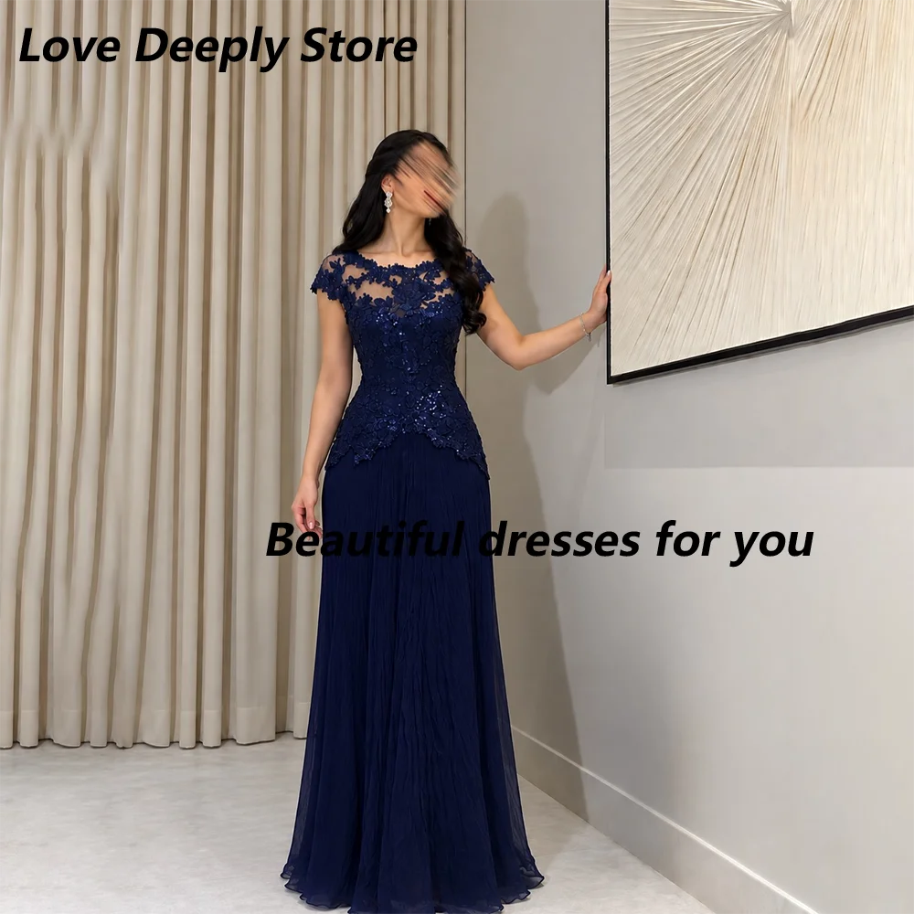 Mother of The Bride Dress Navy Blue Lace Applique Short Sleeve Chiffon Long Dress Formal Evening Party Gown Customized