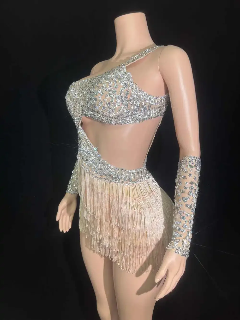 Sparkly Luxus Strass Quasten Ärmellose Overall Frauen Club Prom Party Outfit Sänger Tänzer Leistung Kostüm Bühne Tragen
