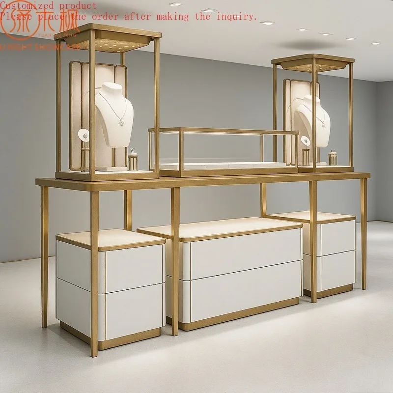 

Custom.Bespoke High - End Minimalist Jewelry Display Units, Gold - Framed W/ Storage Drawers, Double - Decker Design for Mall Je