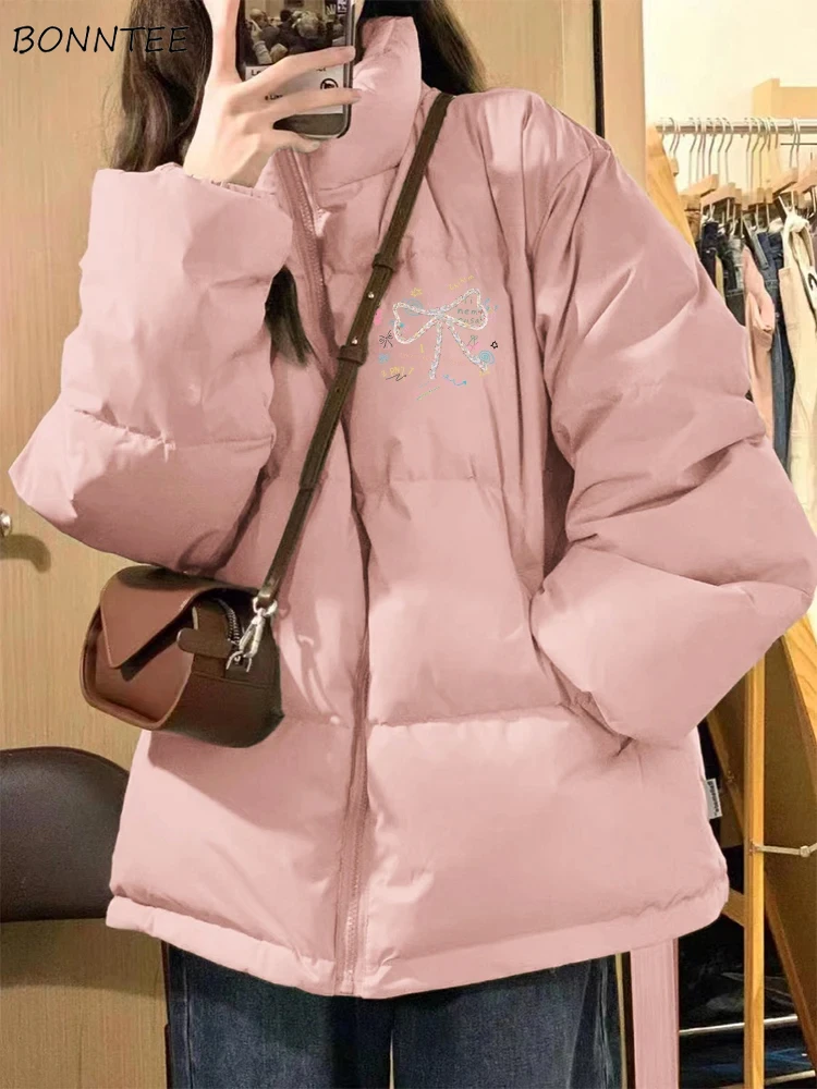 

Parkas Women Printed Chic Stand-collar Sweet Lovely Girls Warm Thickened All-match Gentle Loose Fit Casual Daily Clothing Trendy